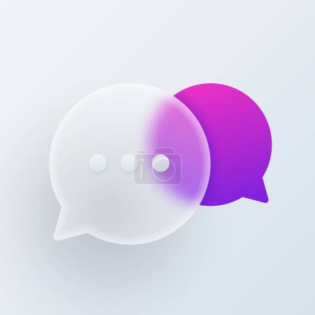Illustration for Two speech bubbles superimposed on each other, vector modern trend icon in style of glassmorphism with gradient, blur and transparency. Dialogue boxes, chatting, talk and information sign - Royalty Free Image