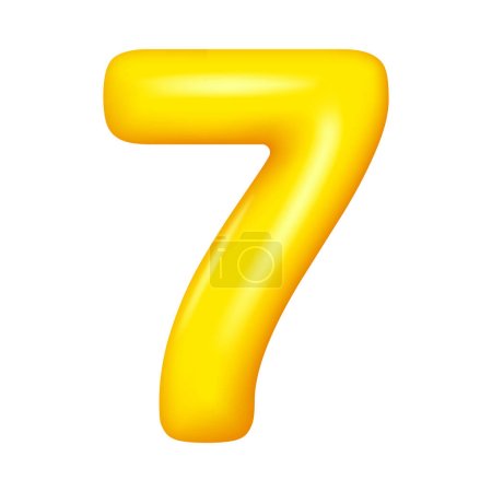 Illustration for Seven number 3d numeral, seventh anniversary balloon, wedding greeting cards elegant sign. Vector 7 elegant balloon greeting cards decor. Birthday party font, numeral of golden yellow metal - Royalty Free Image