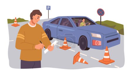 Illustration for Failure in education, do not pass car exam flat cartoon vector illustration. Adolescent girl character sitting feeling sad. Woman failing her driving test with man instructor. Bad score, falling cones - Royalty Free Image