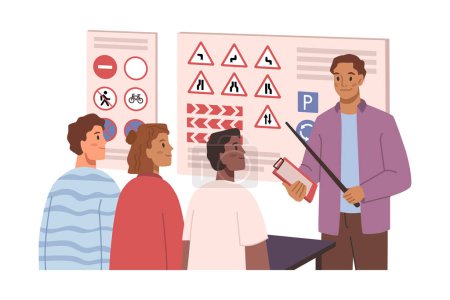 Illustration for Car education exam, instructor with pointer telling driving rules for students. Flat cartoon vector illustration of beginners learning to drive, people getting education in drive school - Royalty Free Image