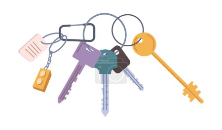 Illustration for Keys with keychains decorated by pendants or trinkets, flat cartoon illustration. Vector modern keys, open house tool. Home rental, real estate property rent and sale concept - Royalty Free Image
