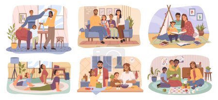 Illustration for Family activities at home, parents children spend time in sitting-rooms together. Vector illustration of people rest during playing game in apartment. Home activities and entertainment, board games - Royalty Free Image