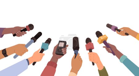 Illustration for Journalist hand holding microphones performing interview. Vector illustration of microphone for breaking news, broadcasting live. Audience, reportage and communication - Royalty Free Image