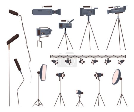 Broadcasting icons set. Video and photo cameras, spotlights and lighting equipment, microphones, film production and cinematography professional multimedia equipment, flash lights and tripods, vector