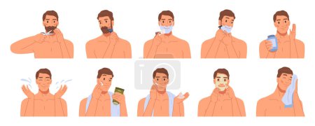 Ilustración de Cuidado de la piel y cosméticos para la cara del hombre, proceso aislado de afeitar la barba y el uso de lociones e hidratantes para la sensibilidad. vector de carácter de dibujos animados plana - Imagen libre de derechos