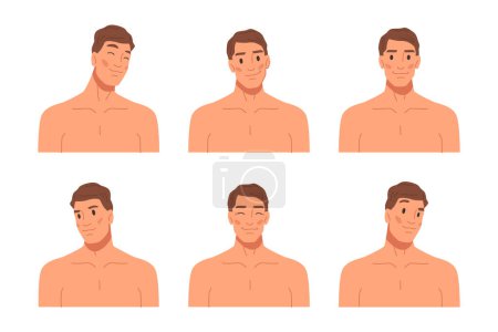 Illustration for Beardless man with soft and smooth skin, isolated male personage positive facial expression and good mood. Skincare and beauty routine. Flat cartoon character vector - Royalty Free Image