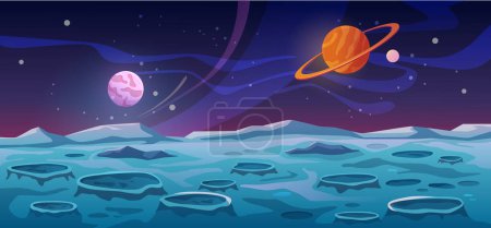 Illustration for Landscape of moon, fantasy setting or location, background with planets and celestial bodies, stars and universe. Craters on surface, vector illustration - Royalty Free Image