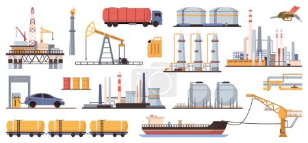 Illustration for Gas industry, production and storage, transportation in tankers by ships and railways. Using oil in petrol station, filling cars. Vector in flat style - Royalty Free Image