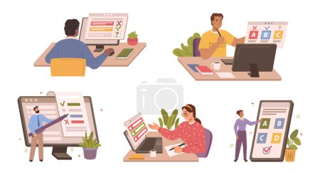 Illustration for Online tests or examination, passing surveys on computer, laptop or smartphone. People choosing options and answering questions. Flat cartoon character, vector illustration - Royalty Free Image