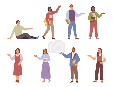 Illustration for People show presentation, promotion, advertisement concept. Happy people man and woman pointing at smth with fingers, showing and introducing product with hand gesture set. Presenting with folder - Royalty Free Image