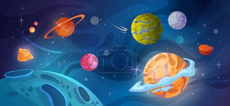 Illustration for Cartoon space landscape, flat cartoon illustration. Cosmic planet surface, futuristic celestial bodies, galaxy stars and comets view. Cosmic space with craters at night, colorful comic planets - Royalty Free Image