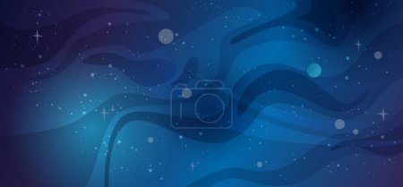 Illustration for Fantasy universe or galaxy, starry sky with planets and satellites. Space or cosmos, universe banner night blue sky background. Vector flat cartoon illustration of space and planet - Royalty Free Image