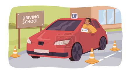 Illustration for Person passed education exam in driving school, flat cartoon vector illustration. Happy guy just got driving license, passed driving test with traffic cones, success in drive - Royalty Free Image