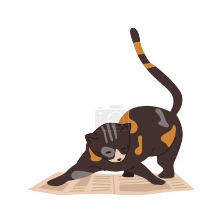 Illustration for Cat life and habits of feline animal. Isolated portrait of kitten playing on mat. Playful kitty, domestic pet with spots on furry coat. Vector in flat style - Royalty Free Image
