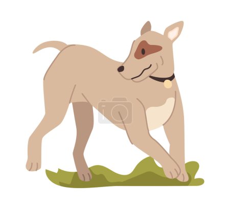 Ilustración de Perro corriendo y meneando cola, retrato aislado de cachorro juguetón con mancha en fut. Jugar al aire libre en la naturaleza, mascota animal canino. Vector en estilo plano - Imagen libre de derechos