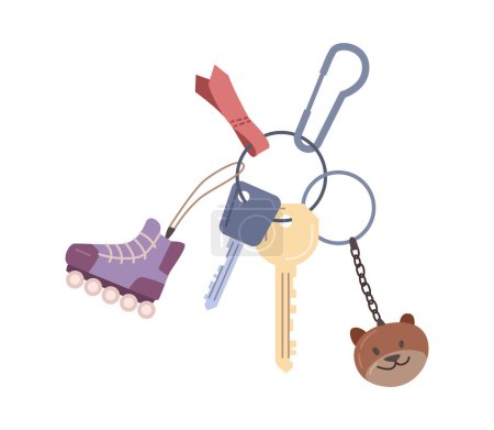Illustration for Keyring and key for apartment, house or real estate property, flat cartoon vector illustration. Keys with keychain, chain pendant with animal face and shoes. Home keyholder, keyring loss protection - Royalty Free Image