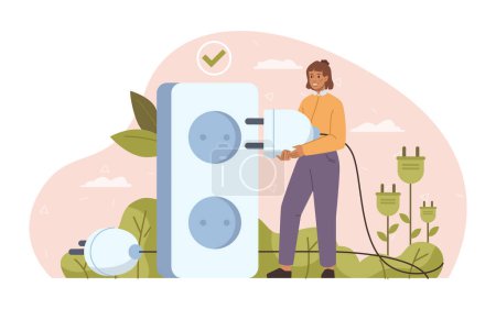 Illustration for Green energy saving vector illustration with woman putting socket in outlet, electricity and eco friendly environment concept. Sockets and green plants, female character with plug - Royalty Free Image