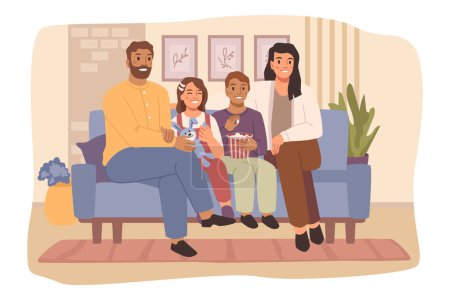 Illustration for Happy family sitting on sofa together, flat cartoon vector illustration. Mom, dad, son and daughter are smiling while sitting on couch. Happiness and love, home comfort. Watching movie or telecast - Royalty Free Image