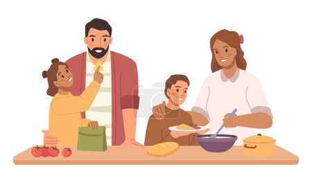 Illustration for Happy family cooking dinner together, parents and kids preparing lunch isolated on white. Mother, father, daughter and son spending time at home. Flat cartoon vector illustration - Royalty Free Image