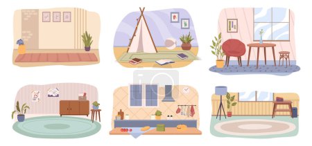 Illustration for Home interiors design, flat cartoon backgrounds. Vector living room and dining room, kitchen and hall. Table and furniture, carpets on floor, window and pictures on walls - Royalty Free Image