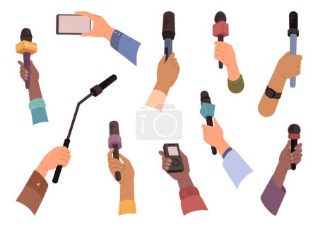 Illustration for Microphones in hands, audience, reportage and communication flat cartoon vector illustrations. Radio or television interviews, arms with mics and recording equipment - Royalty Free Image