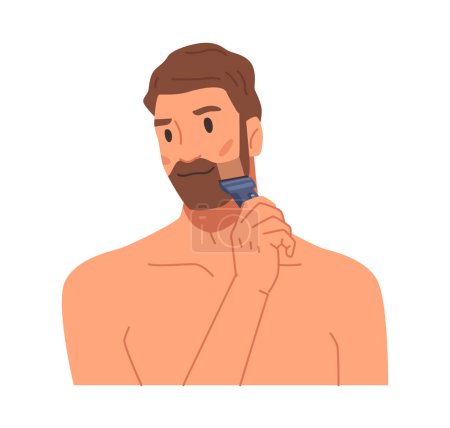 Illustration for Shaving beard with razor, trimming and cutting long hair, giving shape to mustaches. Isolated man personage and beauty routine, self care. Flat cartoon character vector - Royalty Free Image