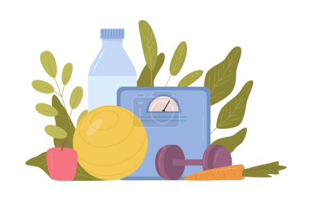 Illustration for Healthy eating and losing weight, consuming fruits and vegetables, hydration and sport. Dietitian meal plan and nutritionists advice. Vector in flat style - Royalty Free Image
