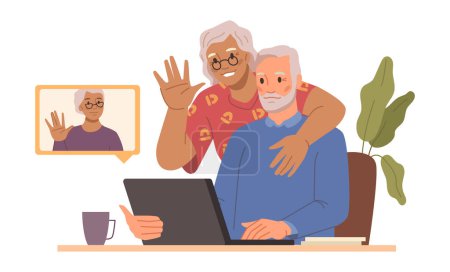 Illustration for Grandmother and grandfather using modern gadgets and technologies to keep in touch with friends. Senior people chatting by video call. Flat cartoon character, vector illustration - Royalty Free Image