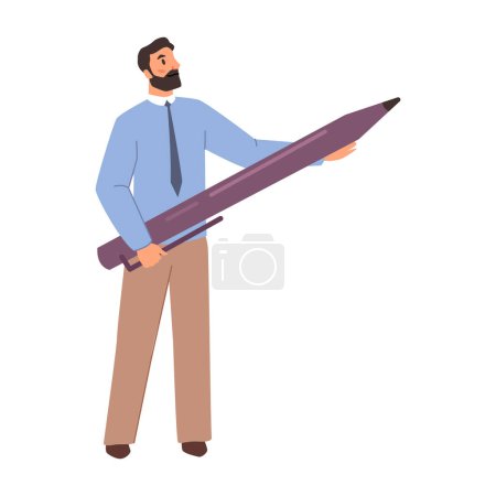 Illustration for Copywriter or editor with pencil, isolated male personage writing or drawing. Man journalist or teacher, student. Flat cartoon character, vector illustration - Royalty Free Image