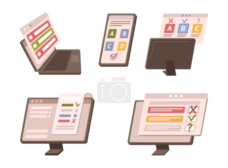 Illustration for Surveys and online tests with options to choose on smartphone, laptop, tablet and personal computer screens. Selecting variants, answering questions. Vector in flat style - Royalty Free Image