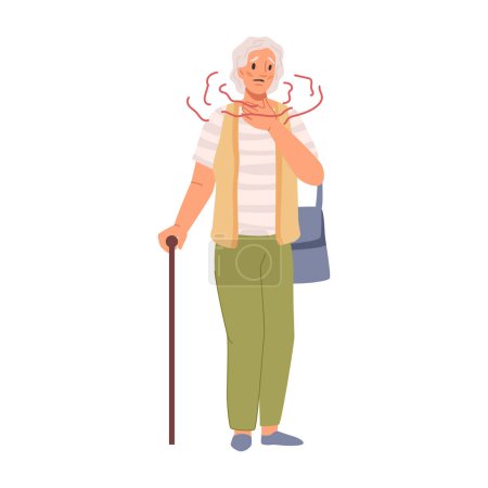 Illustration for Pain in neck of pensioner with walking stick. Isolated elderly woman with neckache. Old personage with sickness and health issues. Flat cartoon character, vector illustration - Royalty Free Image