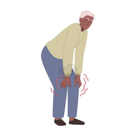 Illustration for Grandfather touching knees, pain and aches in body parts. Isolated elderly personage with health problems. Flat cartoon character, vector illustration - Royalty Free Image