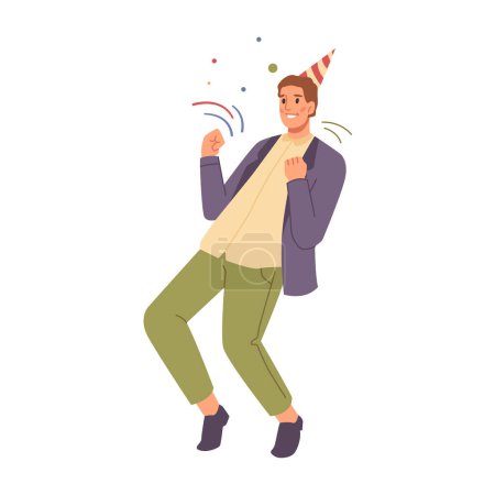 Illustration for Partying male personage dancing and cheering. Isolated man wearing birthday paper cap on head. Celebration of holiday. Flat cartoon character, vector illustration - Royalty Free Image