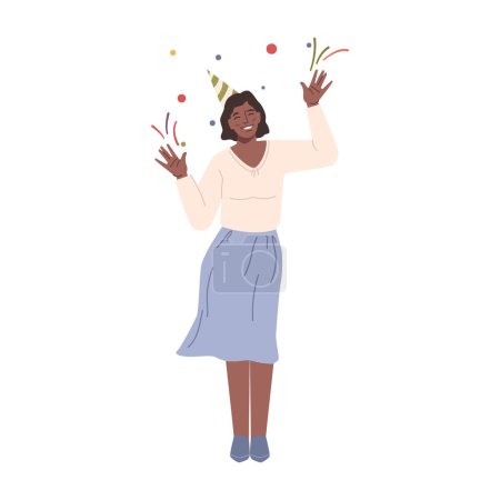 Ilustración de Celebración de cumpleaños y diversión, personaje femenino aislado con gorra de papel bailando bajo confeti cayendo. Personaje plano de dibujos animados, ilustración vectorial - Imagen libre de derechos