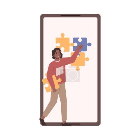Illustration for Woman making puzzle on blank display of smartphone. Empty screen, and puzzles, play game and solving problem concept. Vector girl with cellphone or mobile phone, flat cartoon style illustration - Royalty Free Image