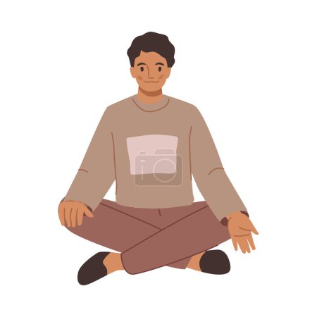 Illustration for Cartoon guy sits in yoga pose, shows or announce something, promotion and advertisement concept. Man sitting and pointing by hand, presentation. Male pointing, introducing product with hand gesture - Royalty Free Image
