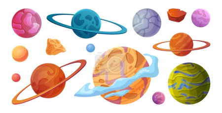 Ilustración de Fantasía planetas alienígenas para el juego espacial ui. Conjunto de dibujos animados vectorial de magia mundo fantástico, objetos cósmicos diferentes colores con burbujas, planetas lindos del espacio exterior. Globos con nebulosas, cráteres y rocas - Imagen libre de derechos