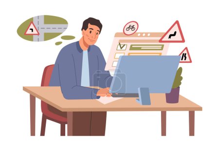 Illustration for Person passing driver test, sitting at computer screen. Man student learner answering question about road sign, exam in driving school. Flat vector illustration, exam courses at driving school - Royalty Free Image