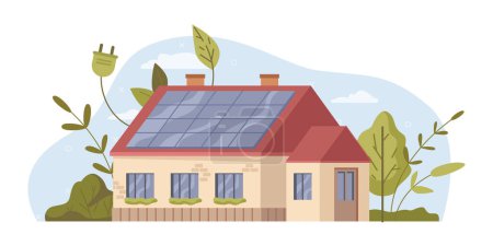 Ilustración de Casa de ahorro de energía verde, paneles de energía solar en el techo, ilustración plana vector de dibujos animados. Moderno edificio eco privado con tecnología de hogar inteligente. Concepto de energía renovable, tomas de corriente y plantas arbóreas - Imagen libre de derechos