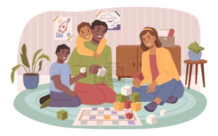 Illustration for Board games family activity at home. Vector illustration of parents with kids sitting on floor and playing games together. Spend time with mother and father, girl and boy at home, flat cartoon style - Royalty Free Image