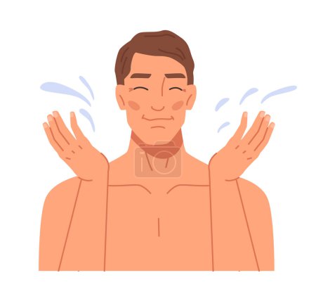 Hygiene und Schönheitspflege für Männer, isolierte männliche Persönlichkeit, die Gesicht wäscht. Wasserspritzer und Sauberkeitsverfahren für ein gesundes Aussehen. Flacher Cartoon-Charaktervektor