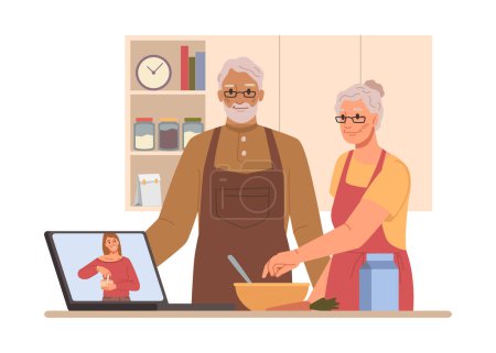 Ilustración de Personas mayores que utilizan tecnologías modernas, abuela y abuelo viendo recetas en el canal de cocina en el ordenador portátil y haciendo comida. vector de carácter de dibujos animados plana - Imagen libre de derechos