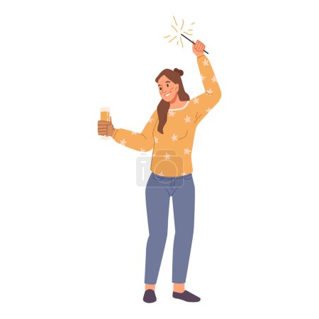 Illustration for Female personage dancing and celebrating holidays holding drink and bengal fire in hands. Isolated woman in good mood, cheerful lady, xmas or new year. Flat cartoon character vector - Royalty Free Image