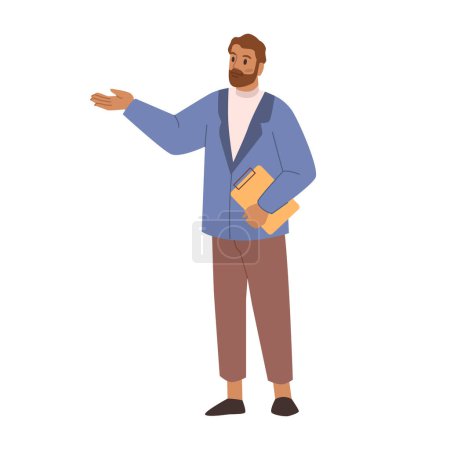 Illustration for Man with folder in hand pointing or presenting. Male introducing product, welcome gesture. Cartoon guy shows or announce something, promotion and advertisement concept - Royalty Free Image