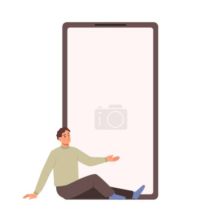 Illustration for Small man shows empty display on mobile smartphone, flat cartoon vector illustration. Vector guy with cellphone or mobile phone, male person pointing on screen, showing advertisement, blank display - Royalty Free Image