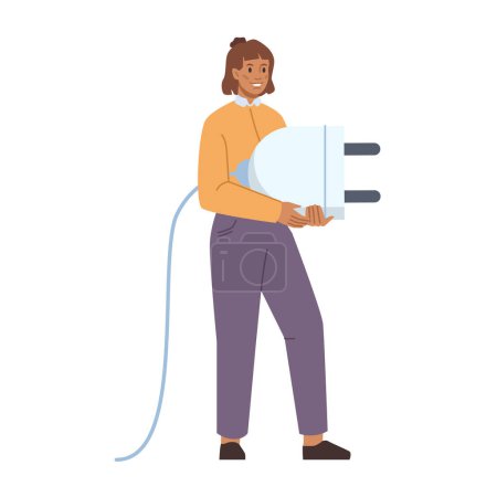 Illustration for Energy saving, woman with cord, socket plug. Vector flat cartoon illustration of female connecting plug in or cable, disconnected cable, energy resources saving concept - Royalty Free Image