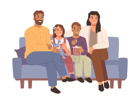 Illustration for Happy family sitting on sofa together, spending time at home. Mom, dad, son and daughter are smiling while sitting on couch. Happiness and love, home comfort. Flat cartoon vector illustration - Royalty Free Image