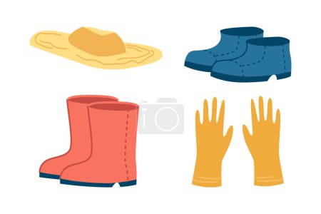 Ilustración de Jardinería y equipamiento doméstico y ropa para trabajar al aire libre. Aislado wellingtons y botas, sombrero y guantes protectores de goma. Vector en estilo plano - Imagen libre de derechos
