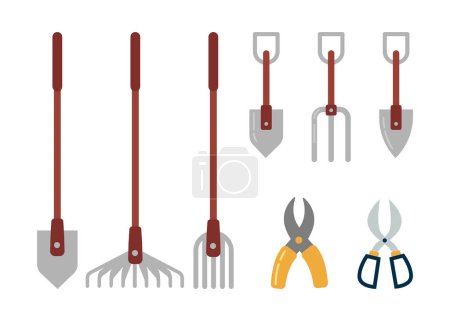 Illustration for Instruments and tools for gardening, isolated equipment for caring for soil. Rake and spade or shovel, scissors for trimming and cutting. Vector in flat style - Royalty Free Image