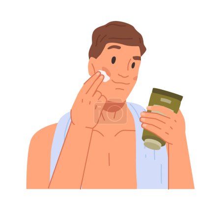 Illustration for Skincare and treatment for sensitive skin. Isolated man applying cream or aftershave lotion with soft texture. Flat cartoon character, vector illustration - Royalty Free Image